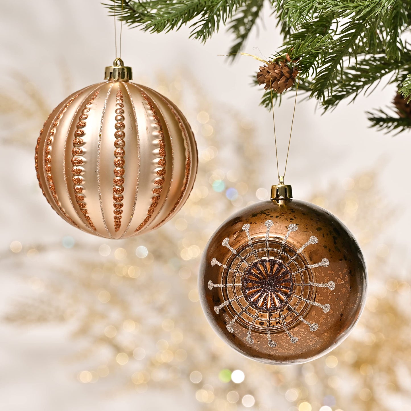 Valery Madelyn Luxurious Copper Gold Christmas Ball Ornaments, Shatterproof Christmas Tree Ornaments for Xmas Decoration (2 Items Bundle