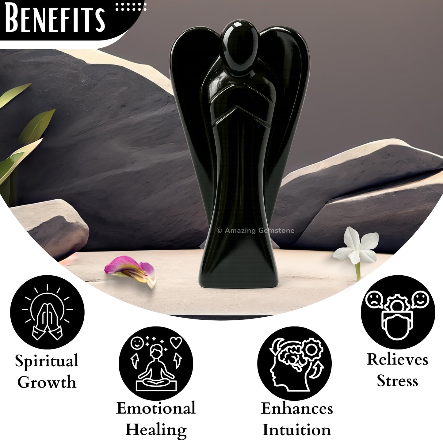 Amazing Gemstone Black Agate Angel - Black Agate Crystal Angel and Pocket Guardian Angel Crystal Figurines (3 Inches)
