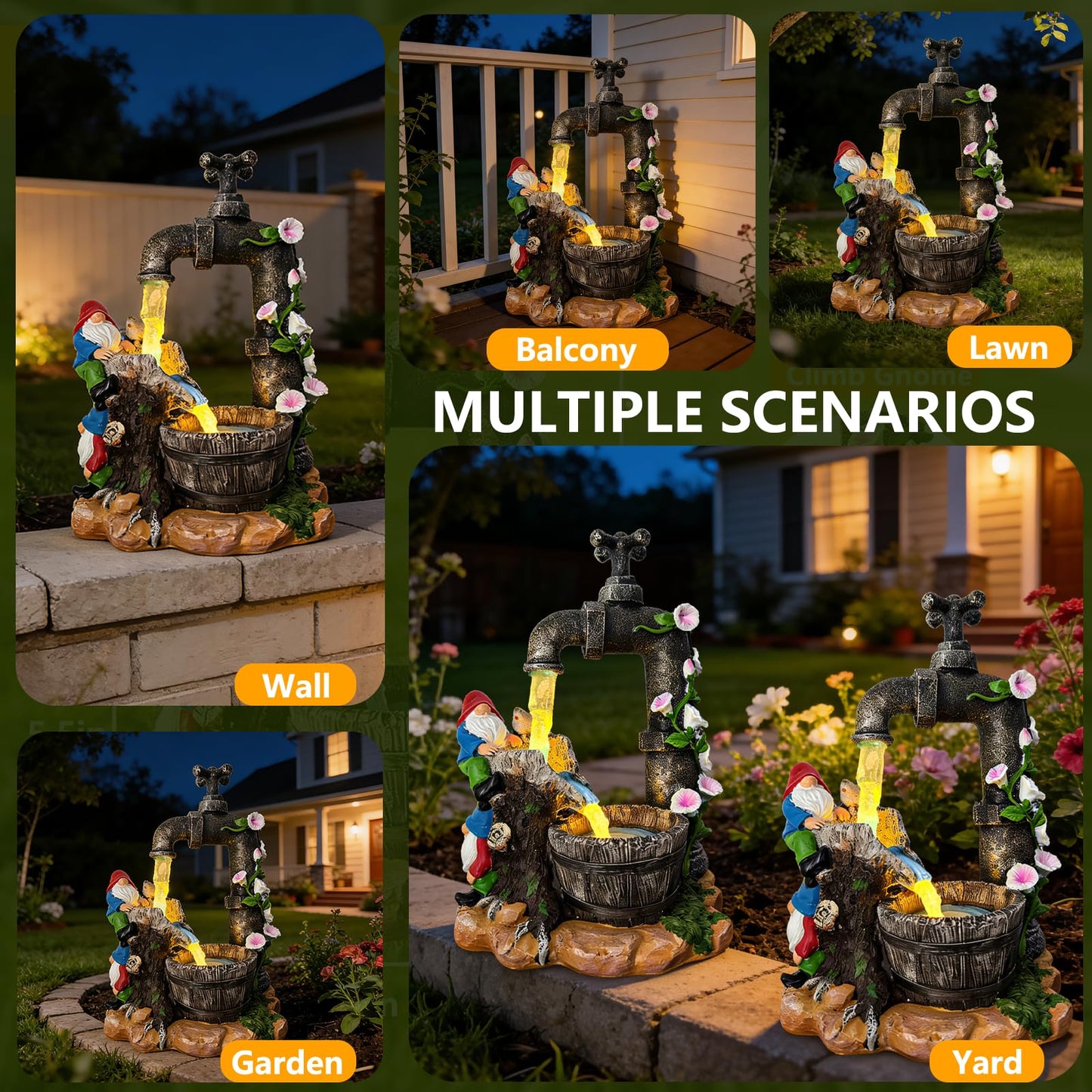 QCF Solar Garden Gnomes Statues Outdoor Yard Decorations, 10" Resin Fountain Gnome Outside Christmas Art Decor for Lawn Patio Porch Backyard,Unique Housewarming Gifts for Women Mom Grandma