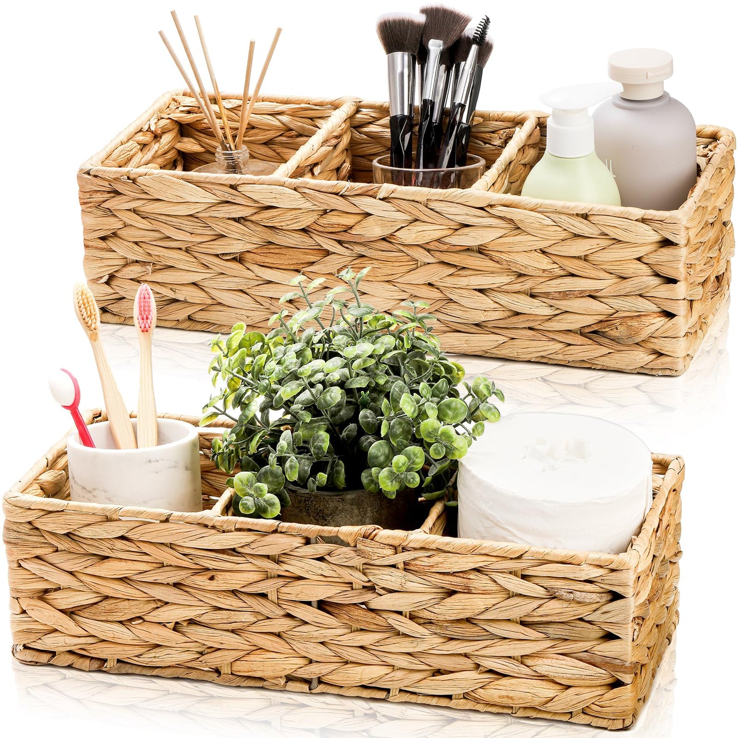 Pumtus 2 Pack 3-Section Woven Baskets, Water Hyacinth Storage Bin, Handwoven Desk Organizer, Toilet Paper Container, Rectangle Holder for Counter Top Toilet Tank Shelves Coffee Bar Pantry