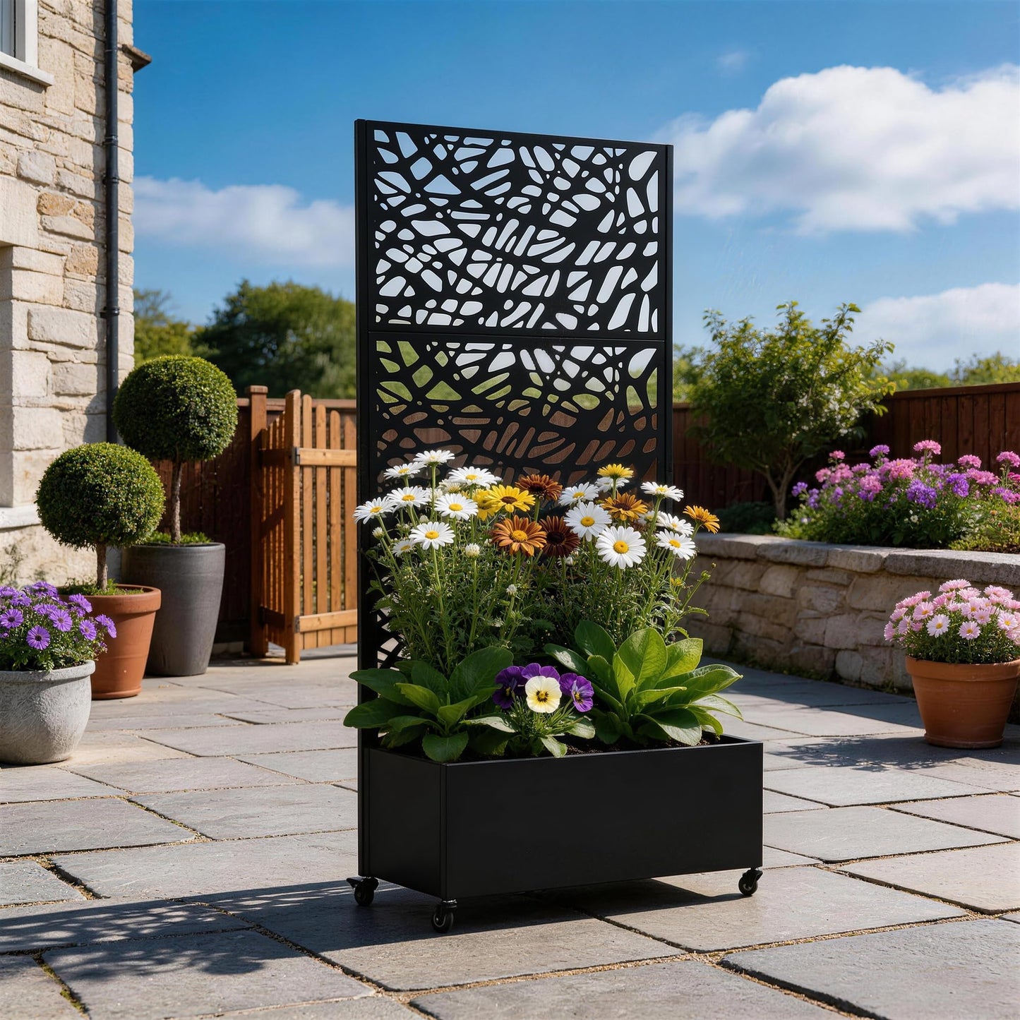 UIXE Metal Planter Box with Trellis, Outdoor Galvanized Raised Garden Bed with Privacy Screen & Drainage Holes, All Weather Lockable Casters Patio Planter for Backyard, Organic Fracture - 71"H x 35"W