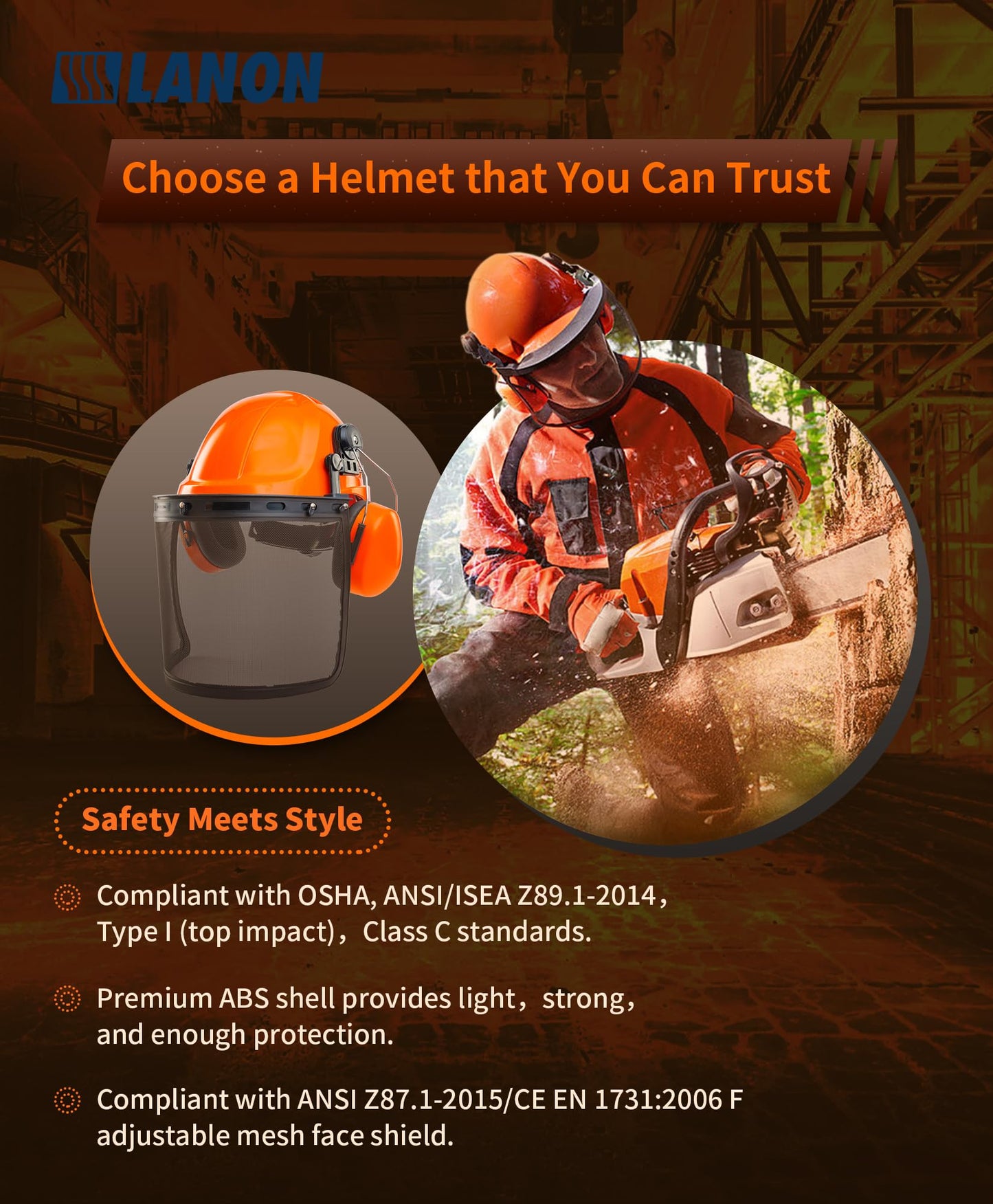LANON Industrial Forestry Safety Helmet Protection System, ANSI Approved Chainsaw Hard Hats with Adjustable Ear Muffs & Face Shield Visor, 6 Point Adjustable Ratchet Suspension, Class C, Orange
