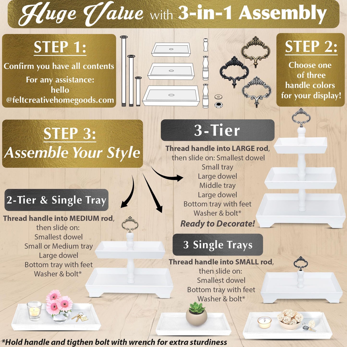 [3 in 1] 3 Tier Serving Tray - Gorgeous Coffee Table Tray (Includes 3 Handles) - Can Assemble into a 1, 2 or 3 Tier Serving Stands - Rectangle Wooden Kitchen Table Centerpiece Felt Creative Home Goods