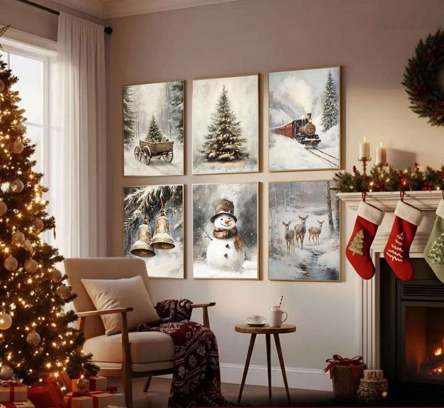 6pcs Retro Christmas Canvas Wall Art Tree Snowman Elk Christmas Posters Prints Paintings Winter Landscape Festive Elements Wall Decor Pictures for Living Room And Bedroom Furniture Decoration Unframed