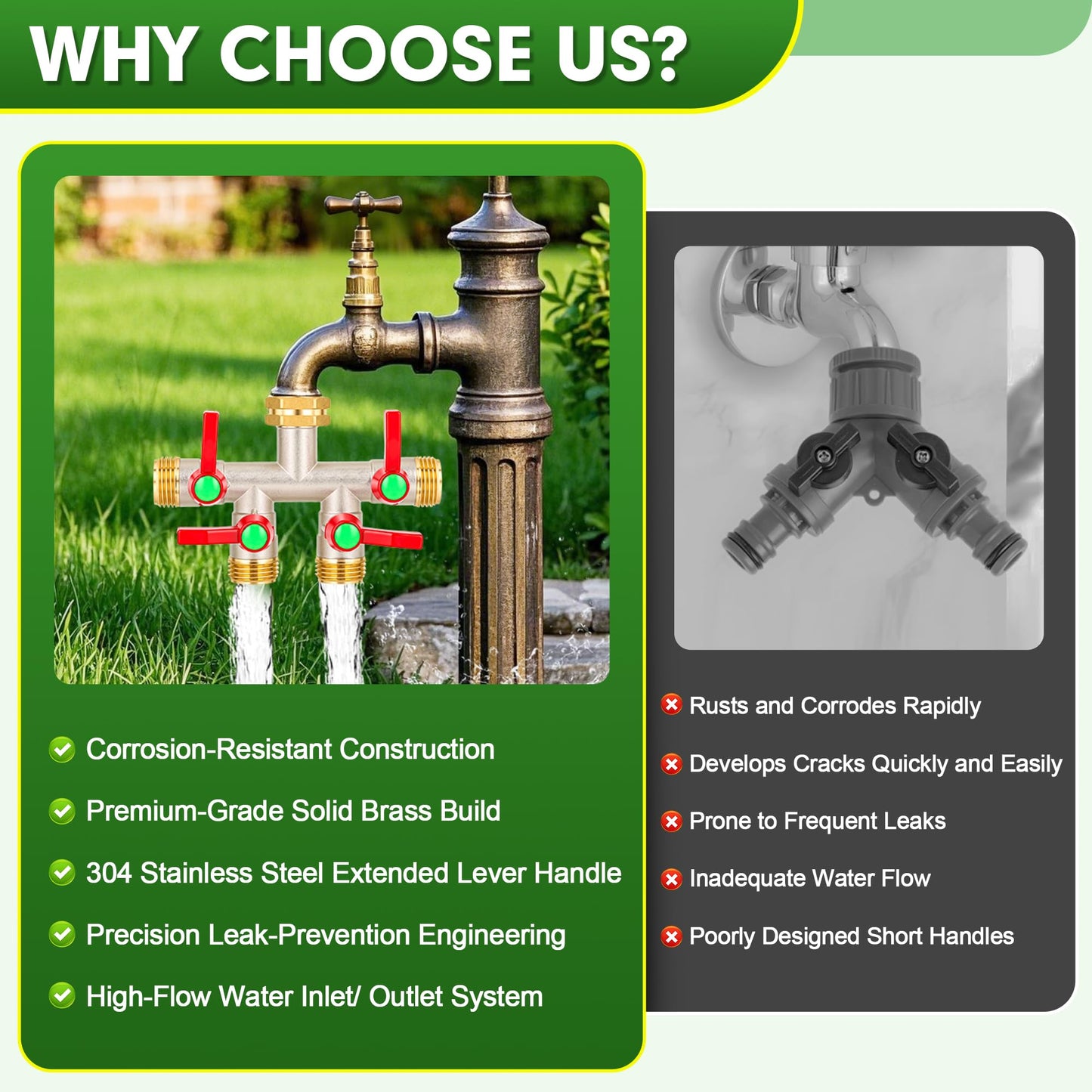 DINGBAI Hose Splitter 4 Way, High Flow Garden Hose Splitter, 3/4” Ght Inlet Brass Heavy Duty Hose Converter, Full Flow water 4 Way Faucet hose splitter, Long Handle Hose Valve Large Outlet.