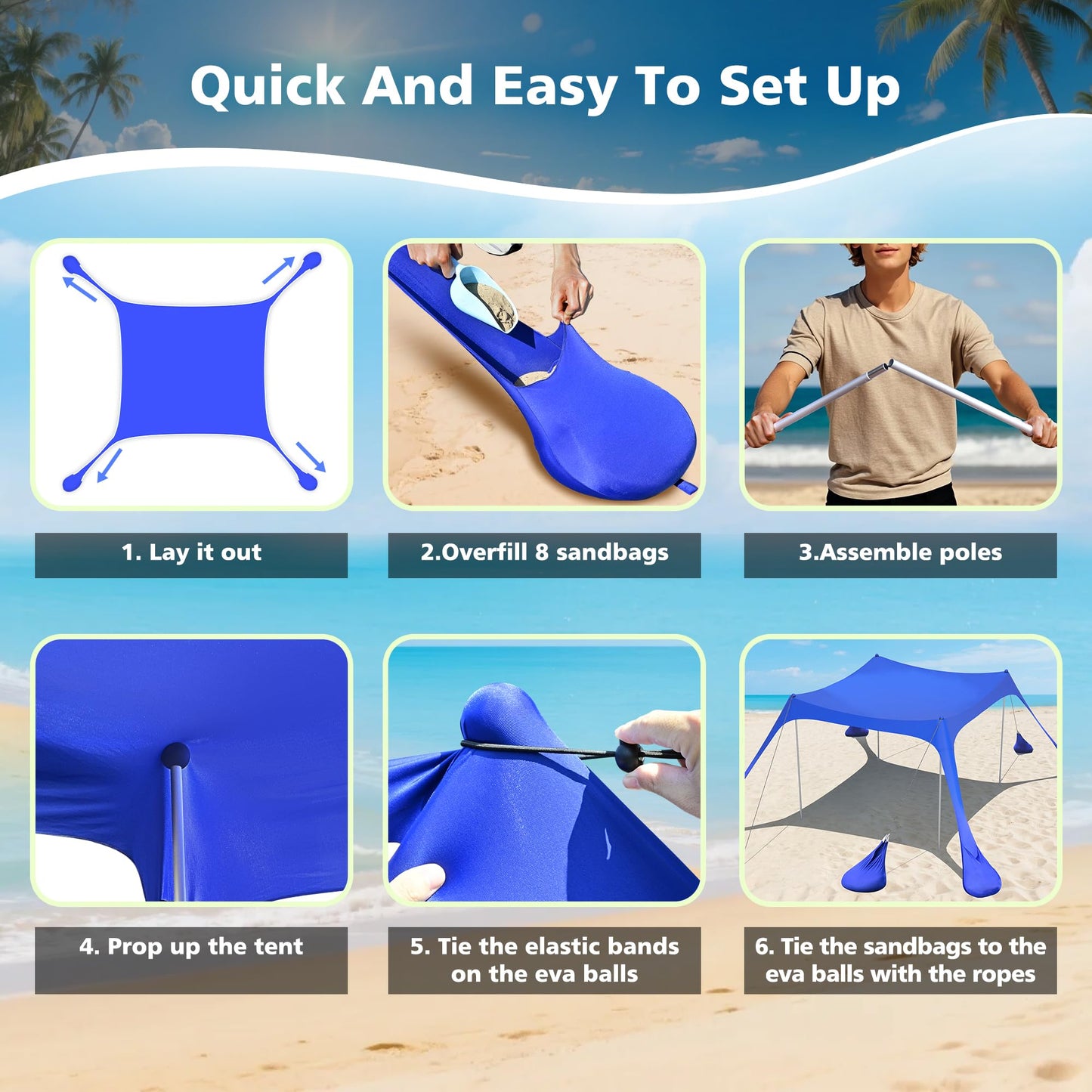 2PM SPORTS Beach Tent Sun Shelter 10x10 FT - UPF 50+ UV Protection, 8 Sandbags, Easy Setup, Portable Beach Shade Canopy for Family Picnic Camping Travel