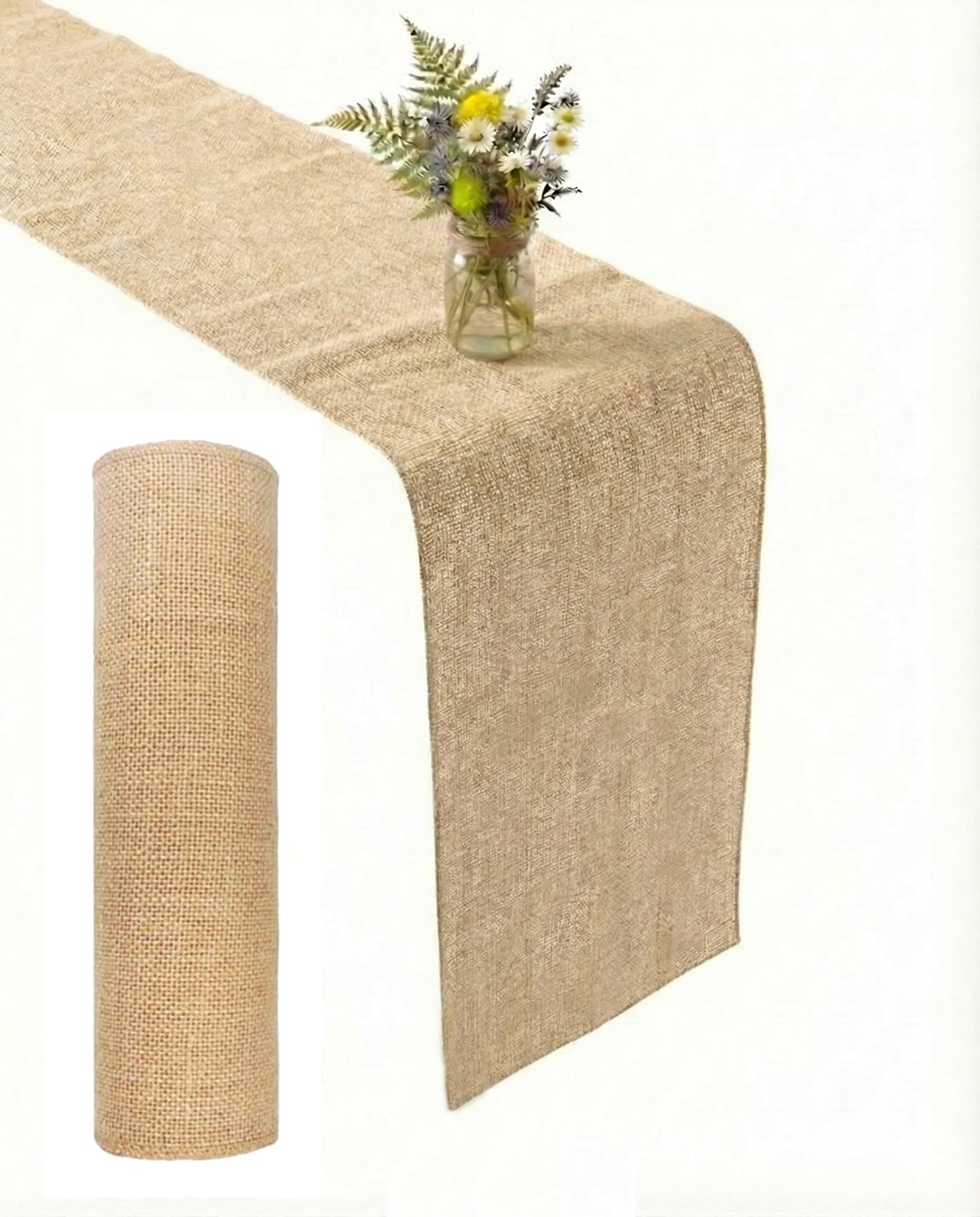 Burlap Table Runner 12×108 Inch – Rustic Jute Fabric Roll with No-Fray Edges – Natural Farmhouse & Wedding Table Décor – Eco-Friendly Hessian Cloth for Parties & DIY Crafts