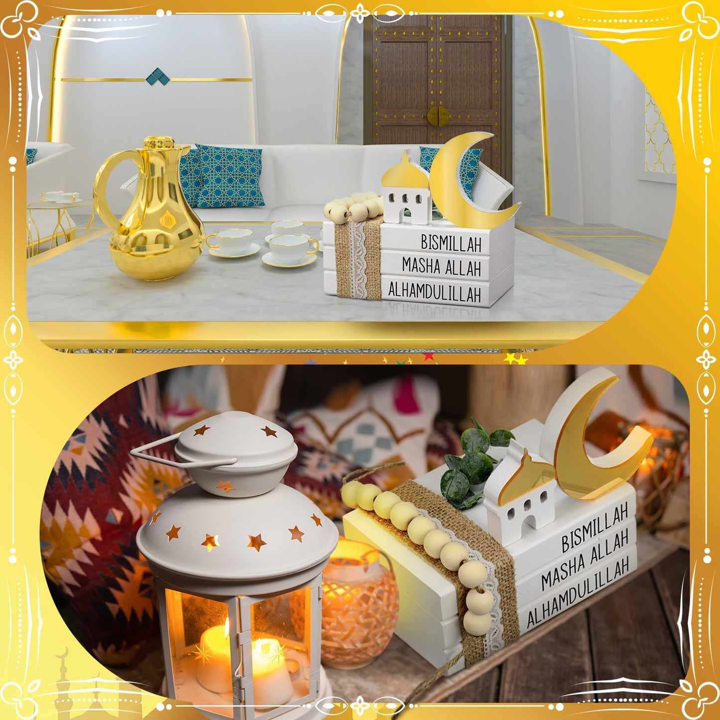 Blulu Islamic Wooden Tiered Tray Decor White Book Stack Golden Moon and Beads Start with Bismillah End with Alhamdulillah for Farmhouse Eid Muslim Ramadan Home Tabletop Art Decor(Bismillah)