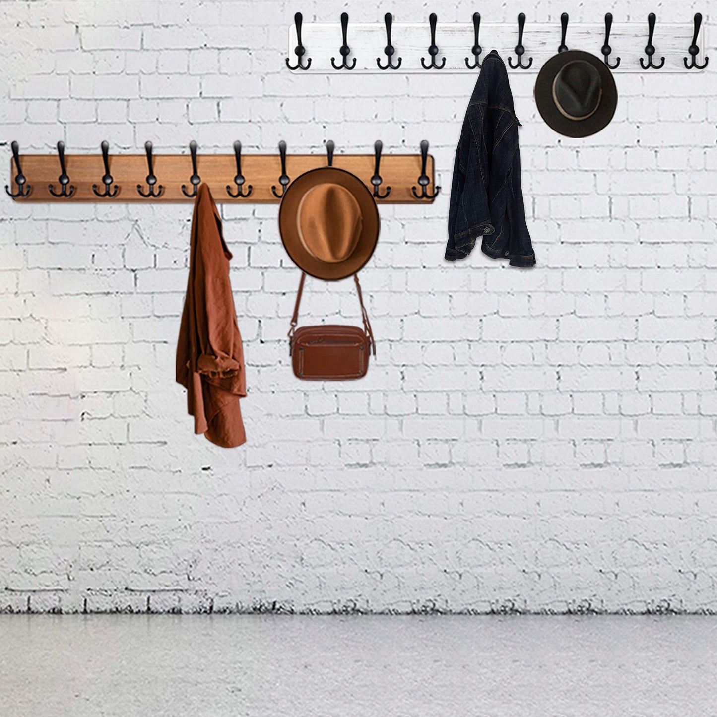 WEBI Rustic Coat Rack Wall Mount,Solid Wood Coat Hooks Wall Mounted Coat Hanger,16" Hole to Hole,Hook Rack Rail,5 Triple Hooks for Hanging Coats,Jacket,Clothes,Farmhouse,Brown