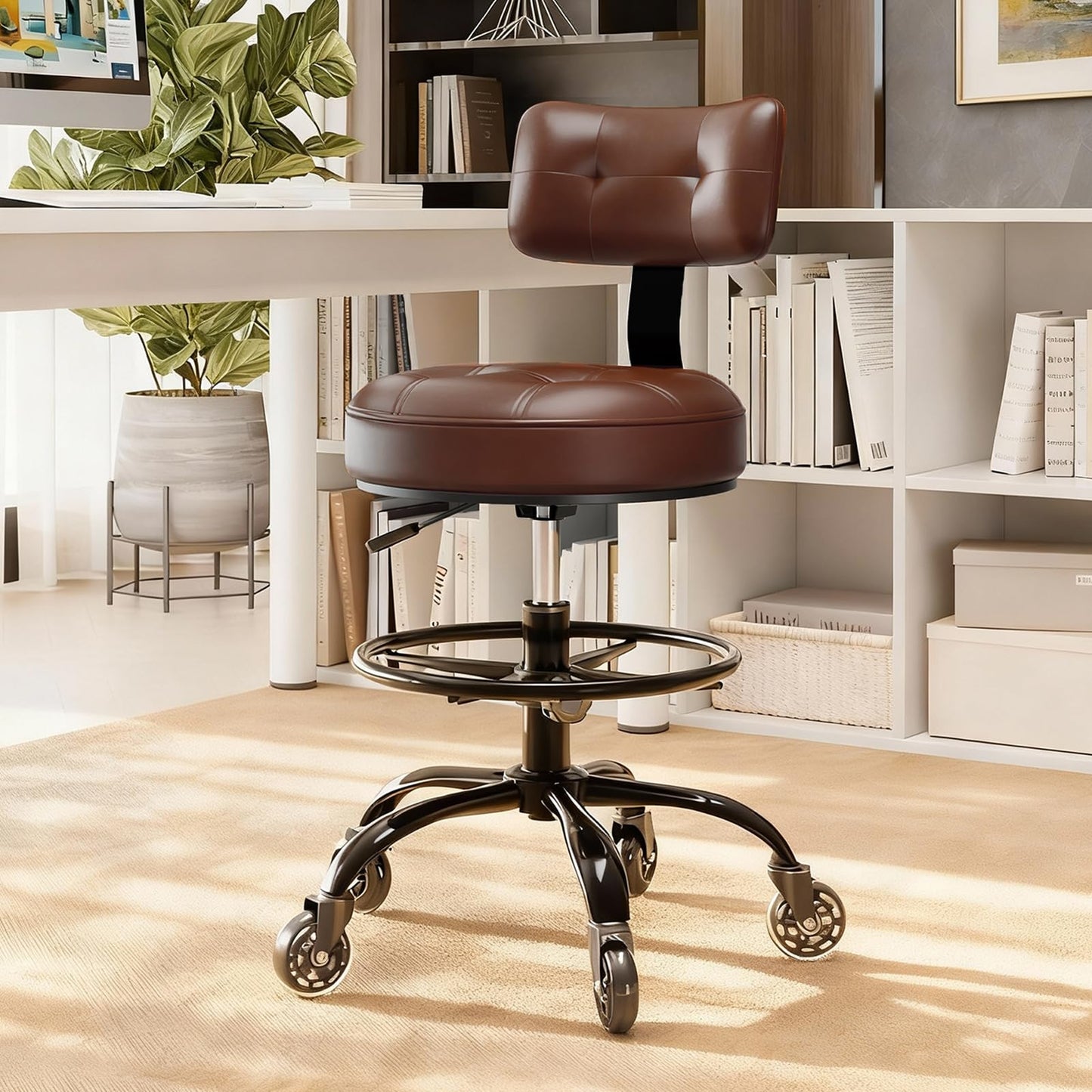 Office Drafting Chair with Footrest, Tall Height Adjustable Stool with Back Support, Heavy Duty Rolling Stool Chair with Wheels for Office Home Kitchen Bar Shop Guitar Studio Medical Vanity(Brown)