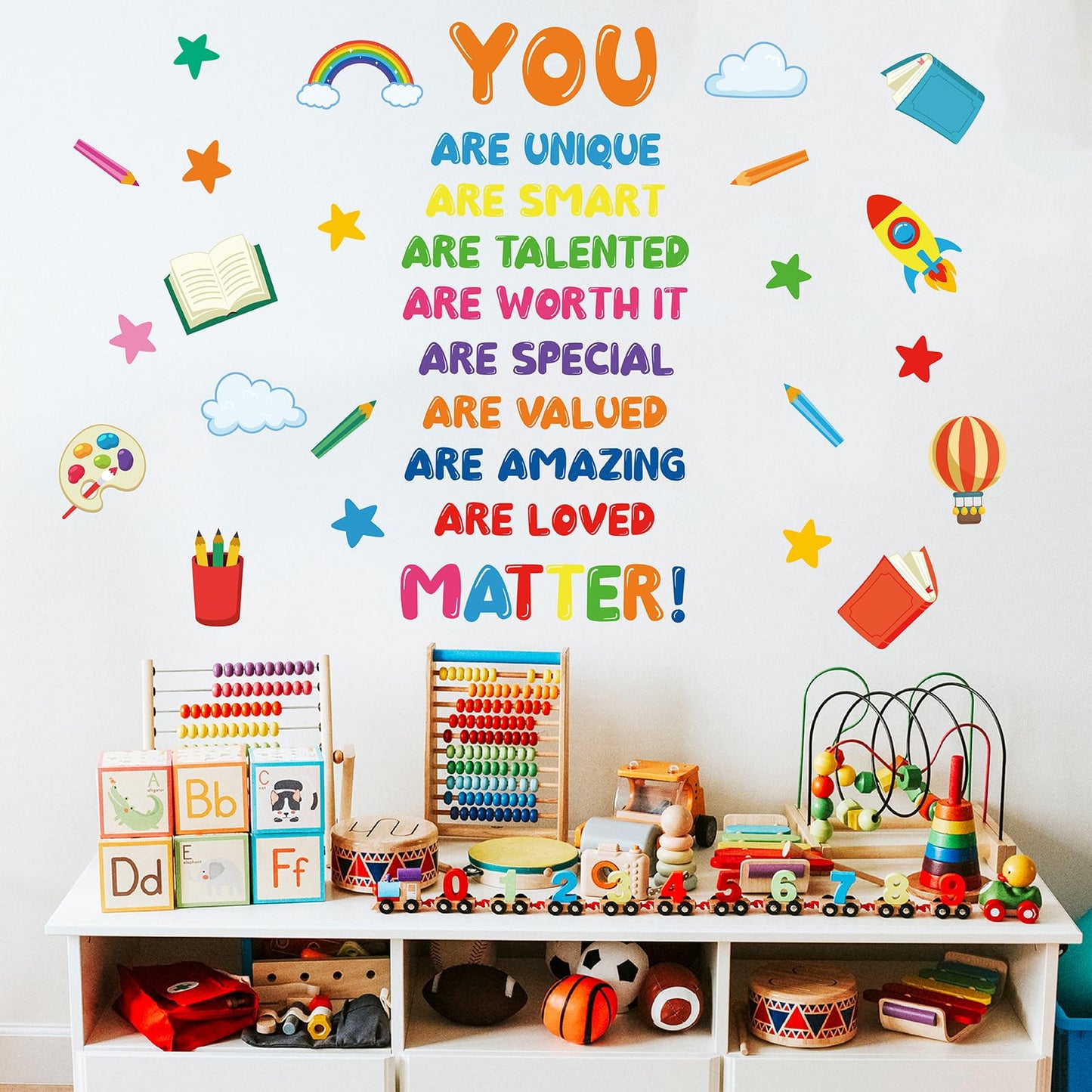 Kids Affirmation Wall Decals, Positive Motivational Wall Stickers “You are Unique Smart Talented Loved”, Peel and Stick Vinyl Decor for Kids Room, Classroom, Playroom, Nursery