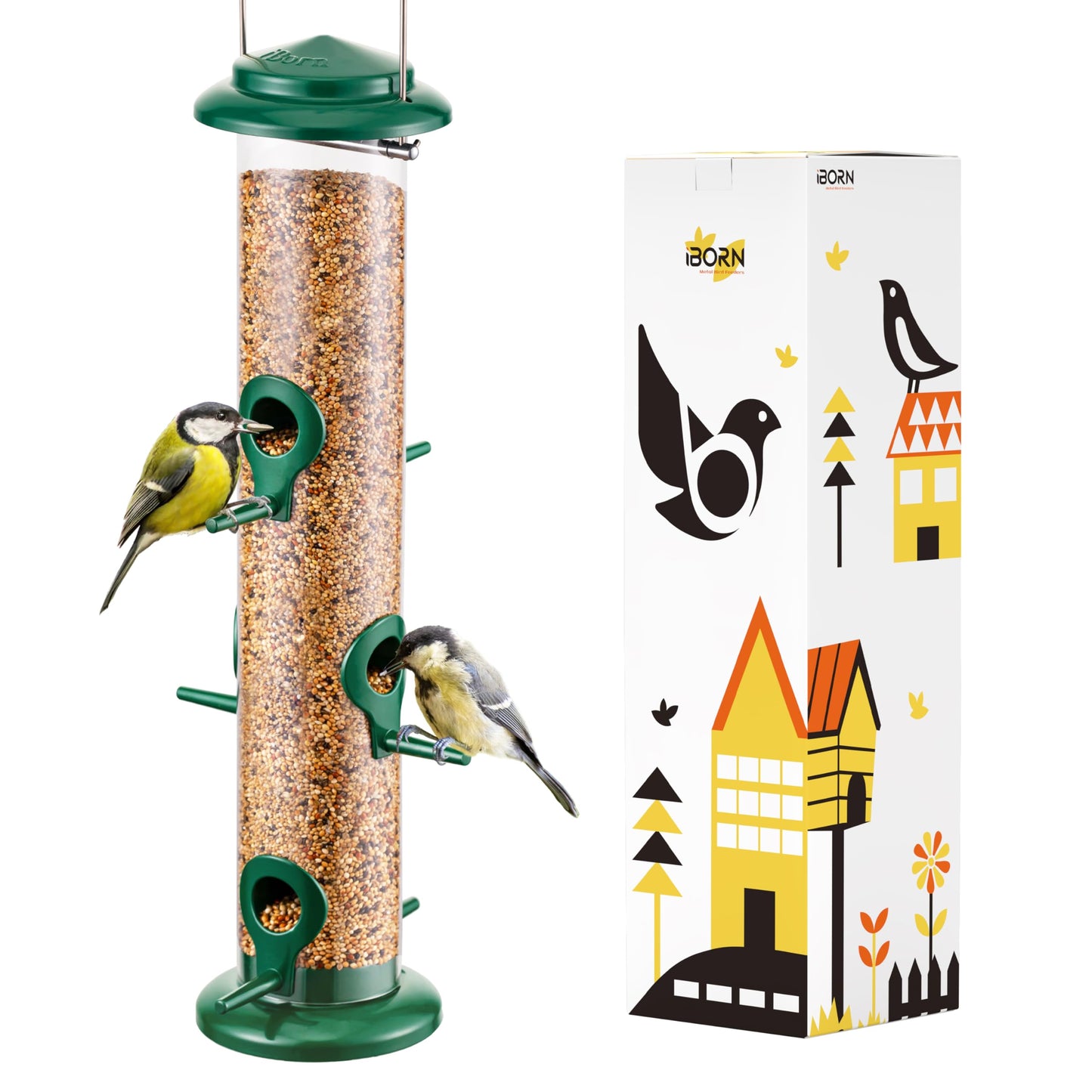 iBorn Metal Bird Feeders 6 Ports Hanging Wild Bird Seed Feeder for Mix Seed Blends, Seed Feeder, Sunflower Heart, Birdbath, Heavy Duty All Metal Green Finishing 15 Inch 6Port,Gift Box