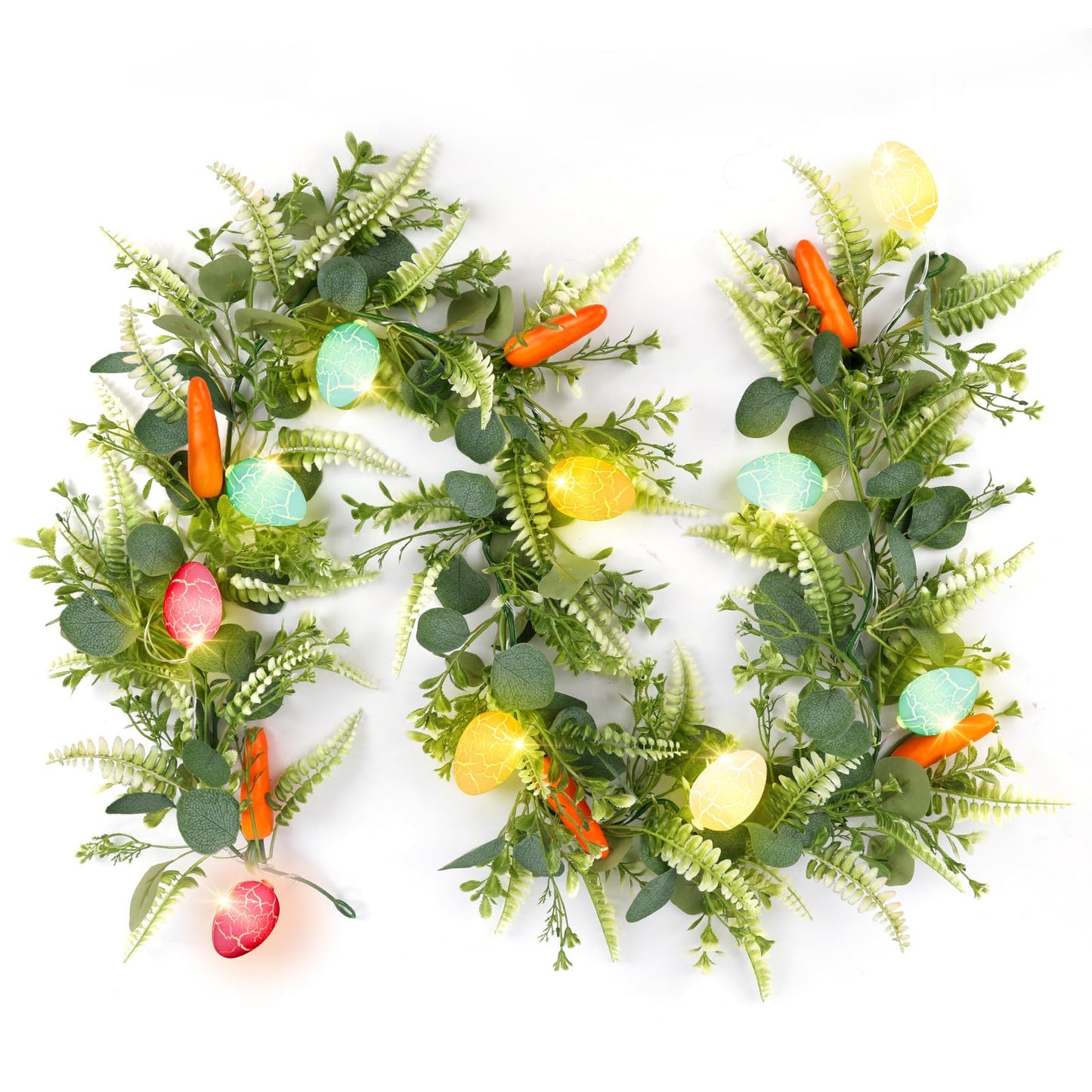 N&T NIETING 6 FT Easter Artificial Garlands with 10 Glowing Eggs & 6 Carrots, Fern Garland for Home Kitchen Fireplace Indoor Outdoor Holiday Party