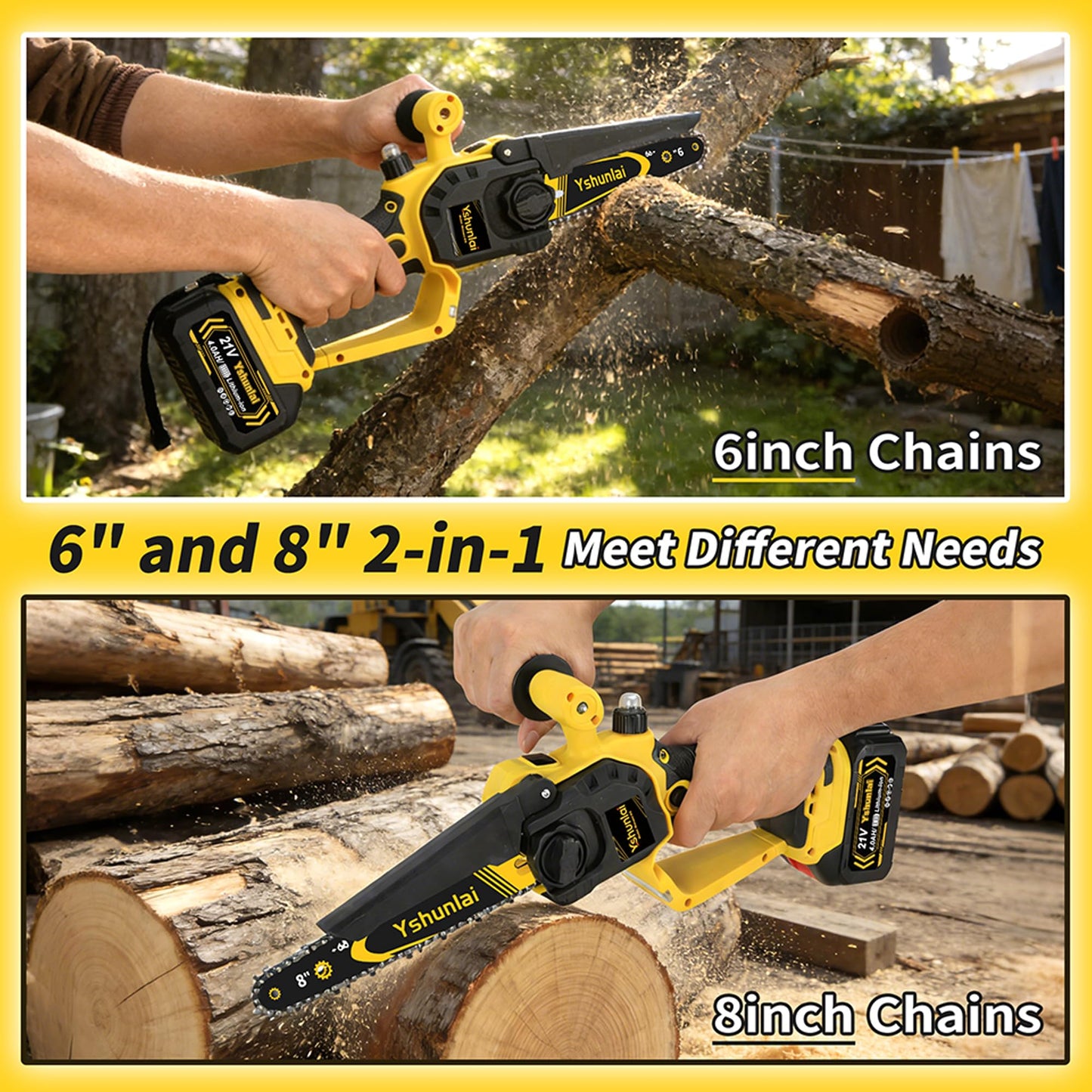 Yshunlai Cordless Mini Chainsaw 8 Inch & 6 Inch, Hand held Small Battery Powered Chain Saw with 2× 4000mAh Batteries, Brushless Electric Chainsaw for Tree Branch Trimming, Wood Cutting, Garden Work