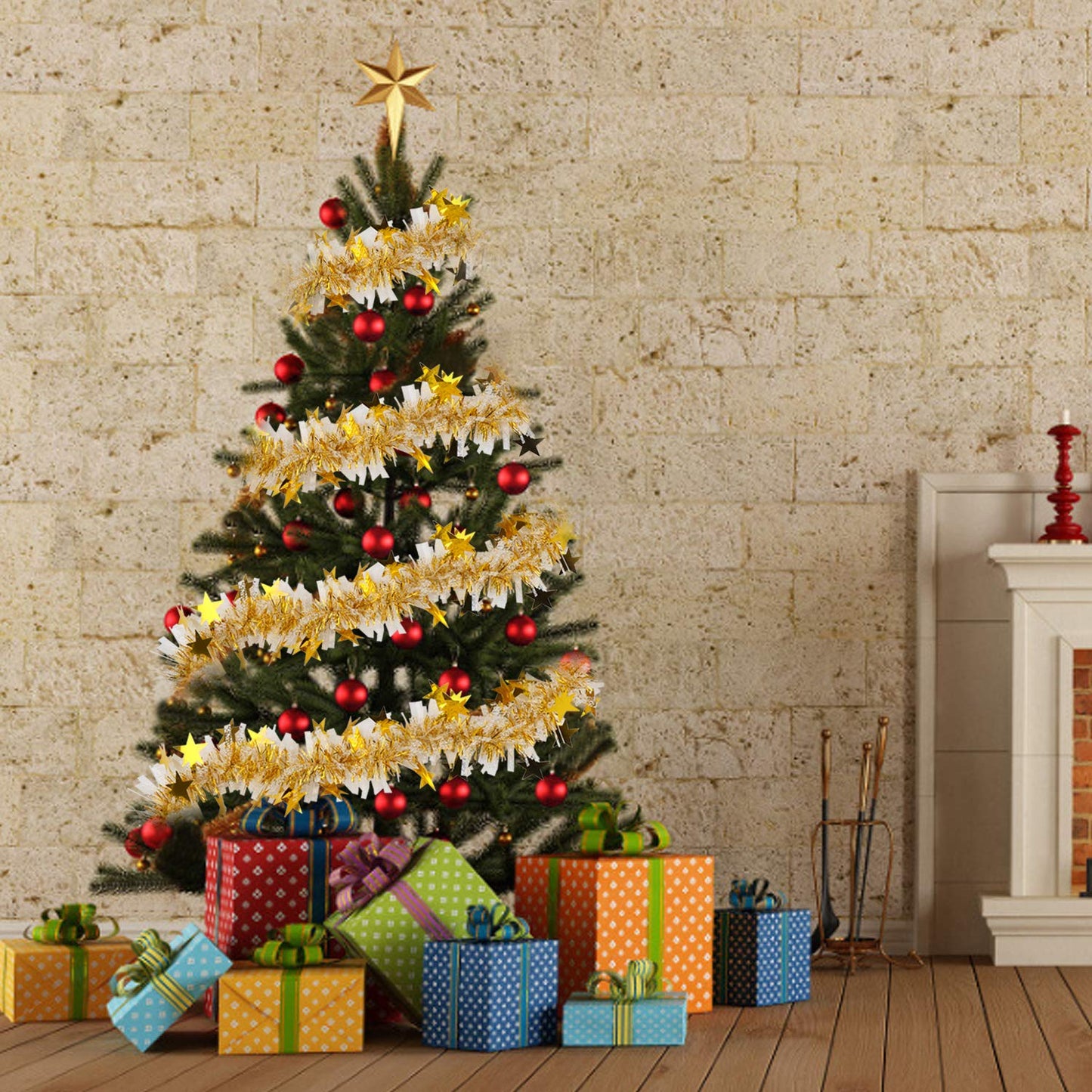 CCINEE 33FT Christmas Tinsel Garland,Metallic Twist Garland in Gold and White for Christmas Tree Party Dcoration Supply
