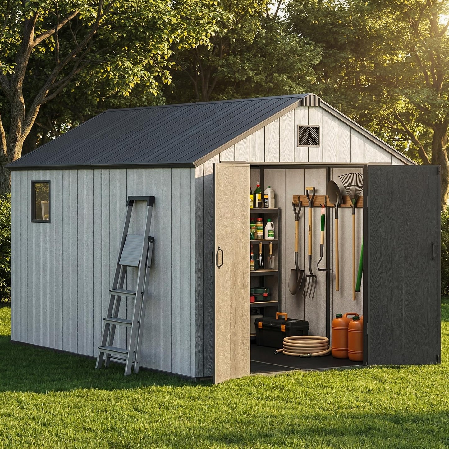 Jocoevol Outdoor Storage Shed, 8x12FT Resin Shed with Floor/Windows/Lockable Door/Vents, 15mm Thickened Heavy Duty All-Weather Garden Tool Shed for Backyard, Patio, Lawn, Gray