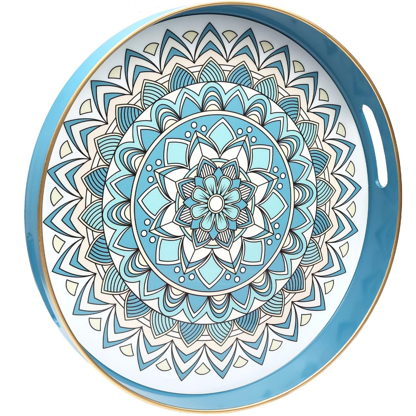 SforGUVA Round Cyan Decorative Tray for Coffee Table, Ottoman, 13” Plastic Serving Platter Tray with Handles for Entertaining, Living Room