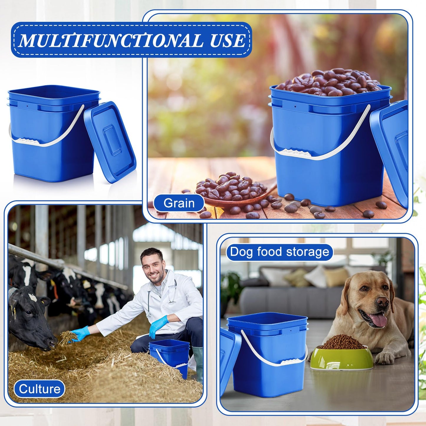 Mumufy 5 Pcs 3.5 Gallon Square Food Grade Bucket with Lid Square Bucket Pail Plastic Handles for Long Term Food Storage, Camping, Fishing, Home Organization Easy Stack and Store (Blue)