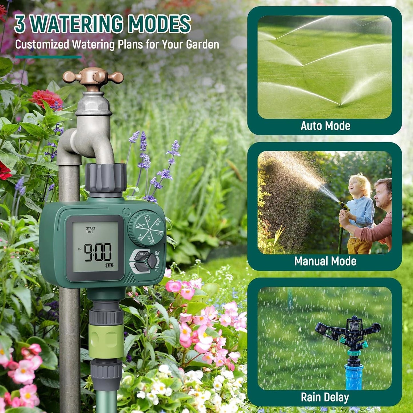 Sprinkler Timer: Programmable Hose Timer with Rain Delay/Manual/Automatic Watering System, Water Timers for Garden Hose, Digital Drip Irrigation for Yard Lawn Outdoor（1 Outlet）