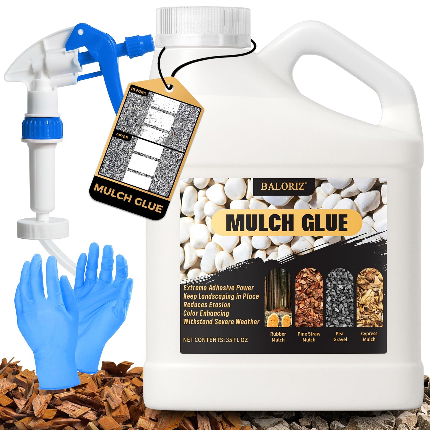 BALORIZ Mulch Glue - 35oz Mulch and Rock Glues for Landscaping, Pea Gravel & Bark, Strong Stabilizing Gravel Glue with Applicator Ready to Use Non Toxic Mulches Glues for Rocks Locking Most Mulches