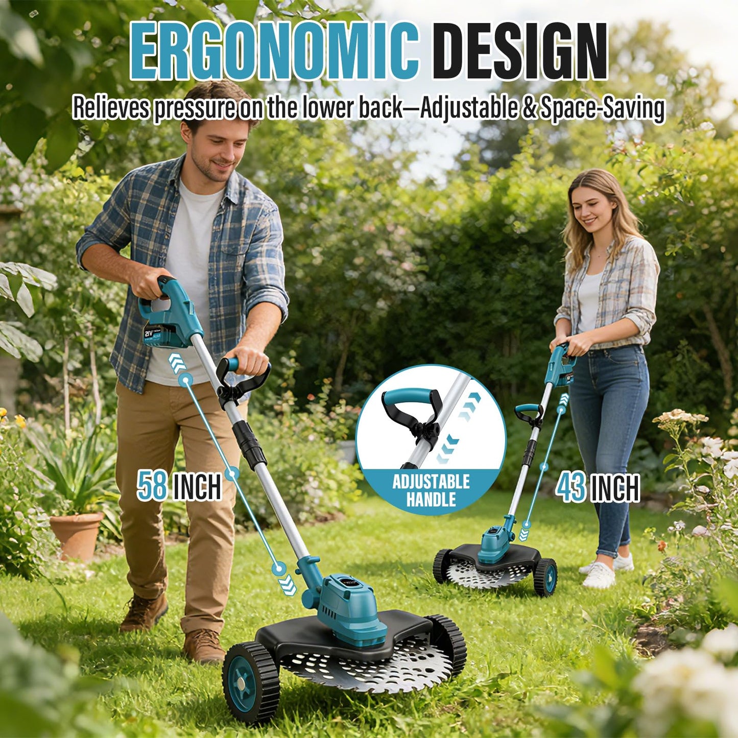 Electric String Trimmer Cordless with Wheel, 1000W Battery Powered Weed Wacker, 2x4.0Ah Batteries, Adjustable Length, 4‑in‑1 Lightweight Grass Trimmer/Brush Cutter/Weed Trimmer/Edger Tool