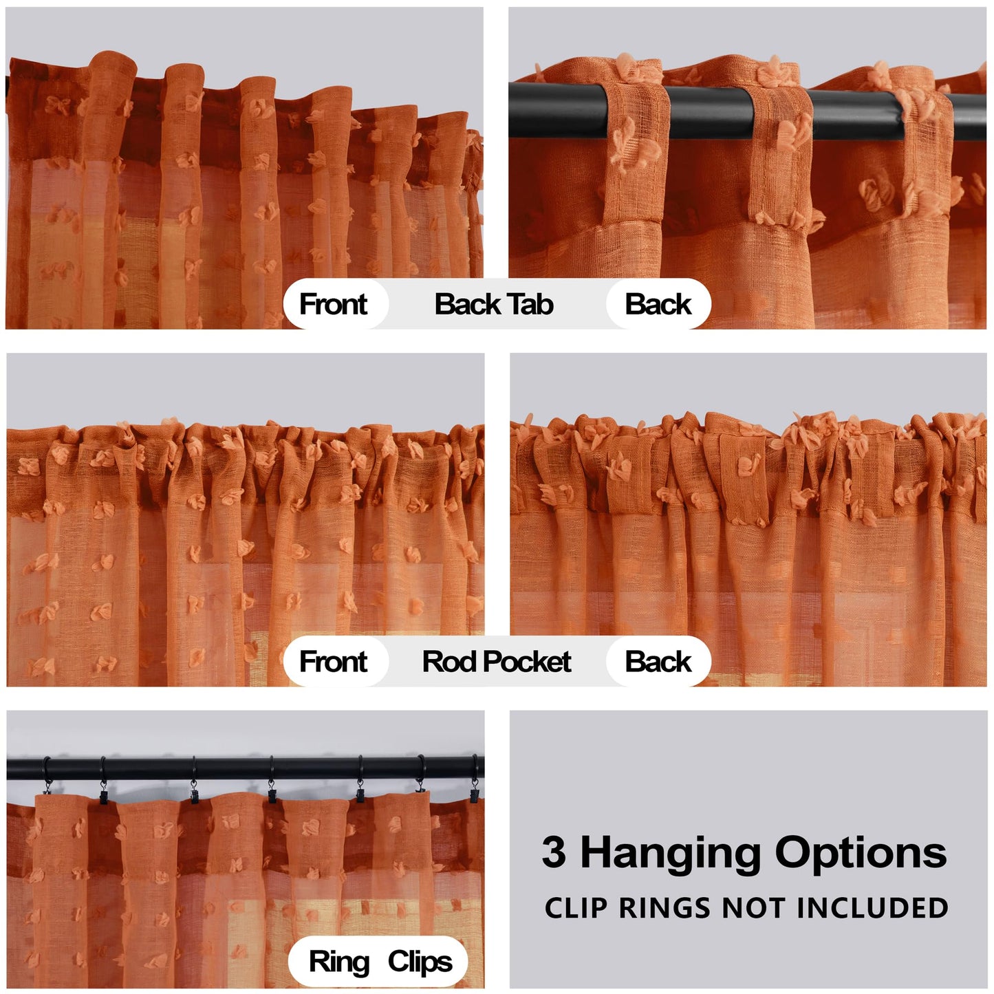 KOUFALL Boho Sheer Orange Curtains 2 Panels 96 Inches Long for Bedroom Pom Pom Back Tab Floor Length Bohemian Curtain for Living Room Burnt Rust Orange