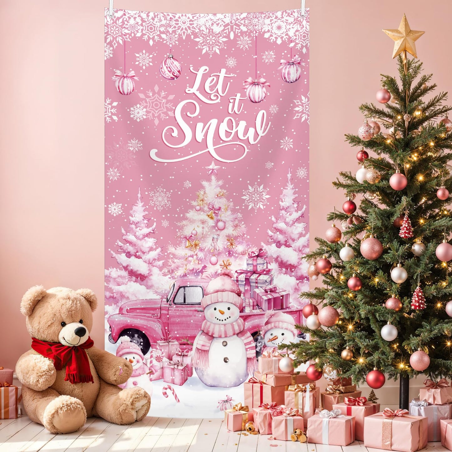 MEHOFOND 35x71inch Let it Snow Christmas Door Cover, Winter Pink Snowman Front Door Decoration, Winter Wonderland Snowman Backdrop Holiday Christmas Birthday Baby Shower Party Decor Photo Booth Props