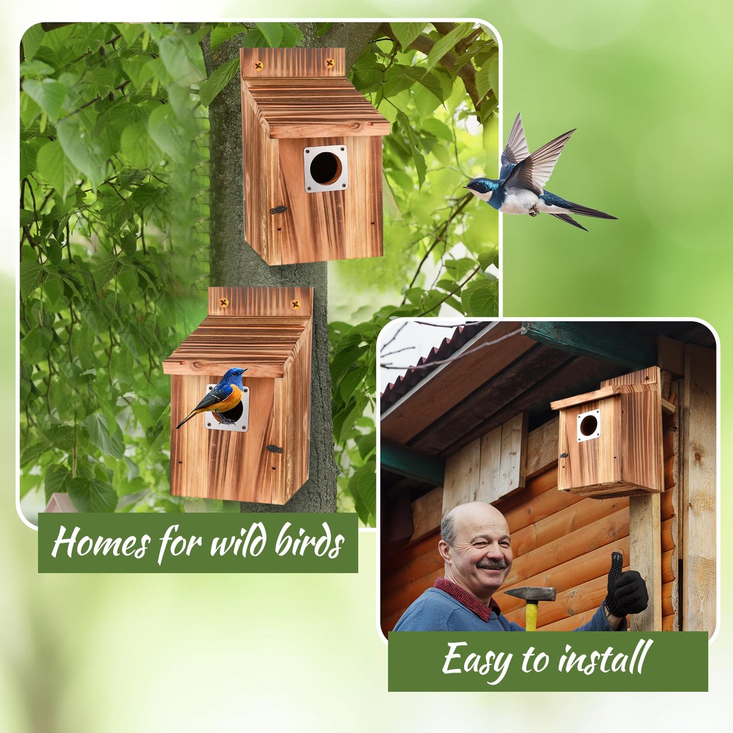 4-Piece Outdoor Bird House Set, Bird Houses for Outside with Metal Guards, Safety Locks, Flight Slots, & Ventilation, Bluebird Houses with 1-1/2" Entrance for Bluebirds, Wrens, Finches