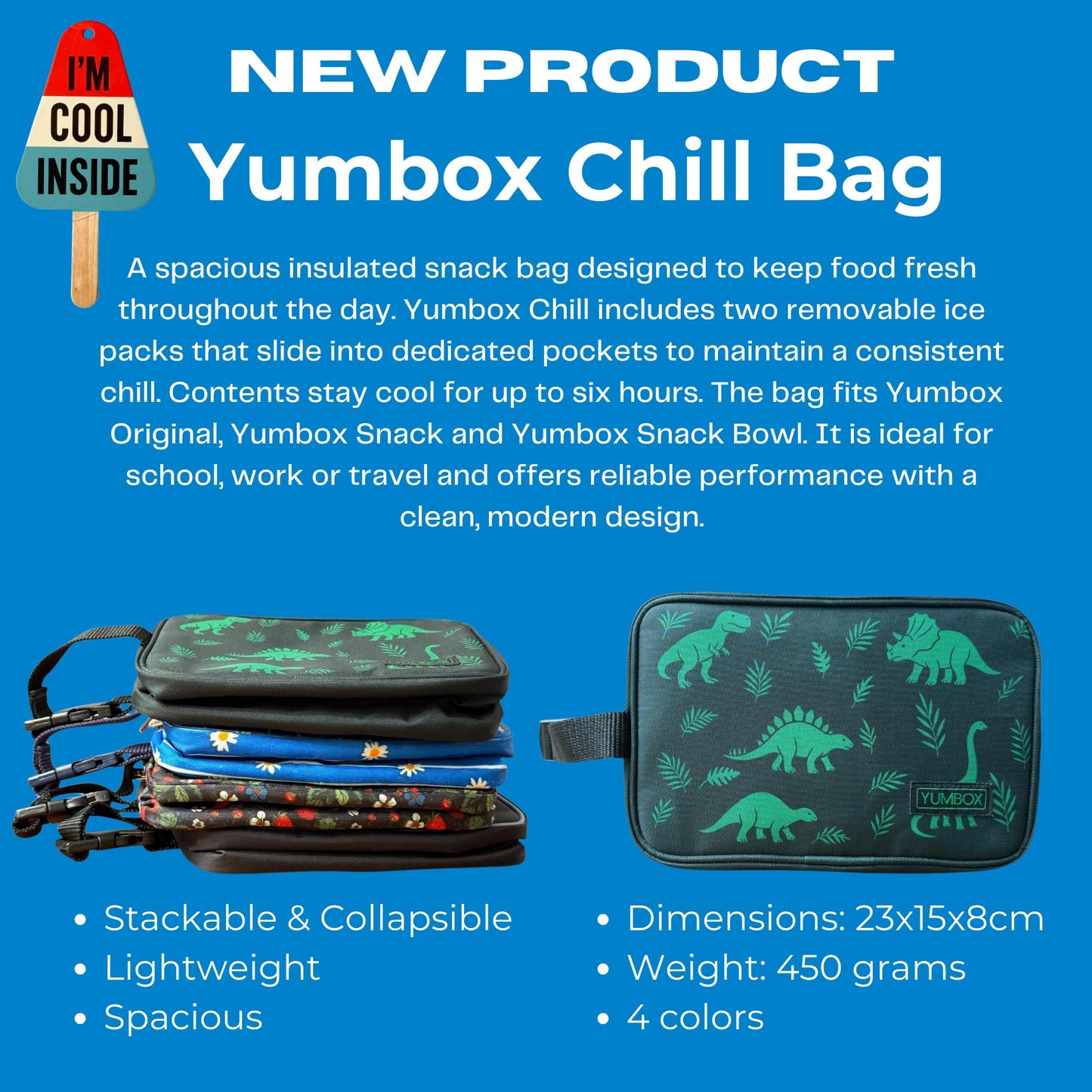 Yumbox Chill Snack Bags with 2 Removable Gel Ice Packs, Flexible Cooling, Insulated Lunch Bag, Wipe Clean fabric, Lined, Zipper Closure, Buckle Strap, Daisy Print