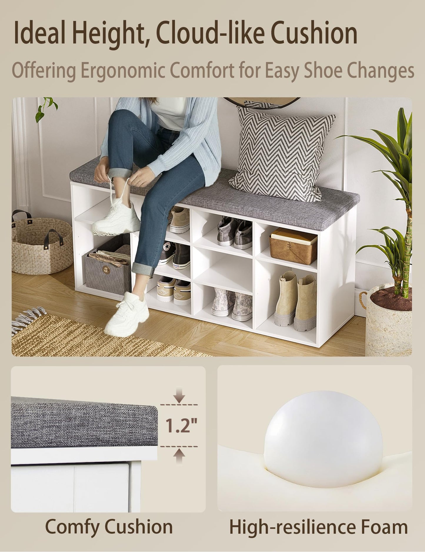 DINZI LVJ Shoe Storage Bench with Cushion, Cubby Shoe Rack with 12 Cubbies, Adjustable Shelves, Multifunctional Shoe Organizer Bench for Entryway, Mudroom, Hallway, Closet and Garage, White