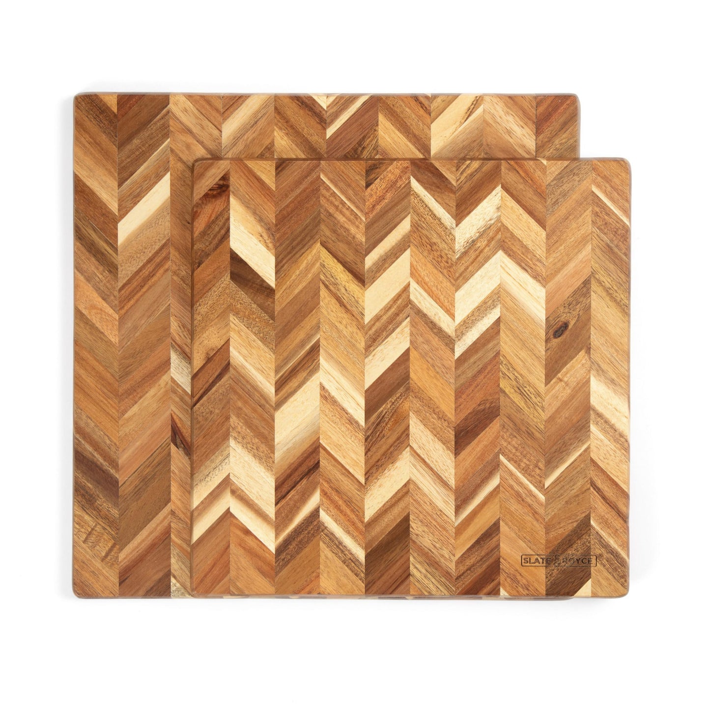 SLATE & ROYCE Herringbone Acacia Wood Cutting Board Set of 2 — Premium Wood Cutting Board & Serving Board, Non-Toxic, Kitchen Prep & Entertaining, Perfect Wedding or Housewarming Gift