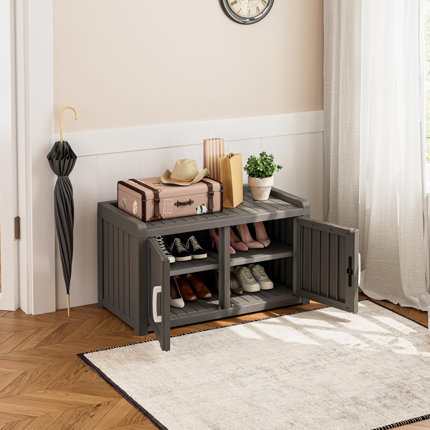 KAMABOKO Shoe Storage Cabinet Waterproof UV-Resistant, Entryway Storage Bench Indoor Outdoor with 2 Barn Doors, Adjustable Shelves for Entryway, Bedroom, Hallway,Living Room(Classic Grey)