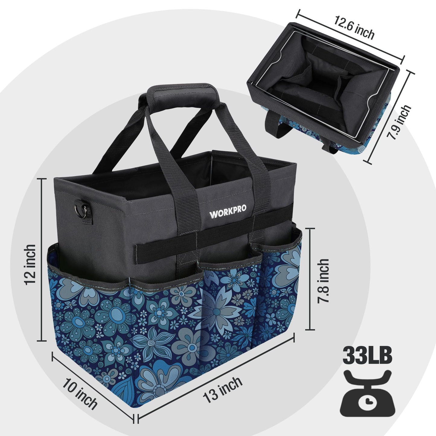 WORKPRO Garden Tool Bag Organizer, Heavy Duty Gardening Tote Bag, 10 Pockets Design with Long Adjustable Shoulder Strap, Standable Garden Home Tool Kits Organizer, Floral Blue (Tools are not Included)