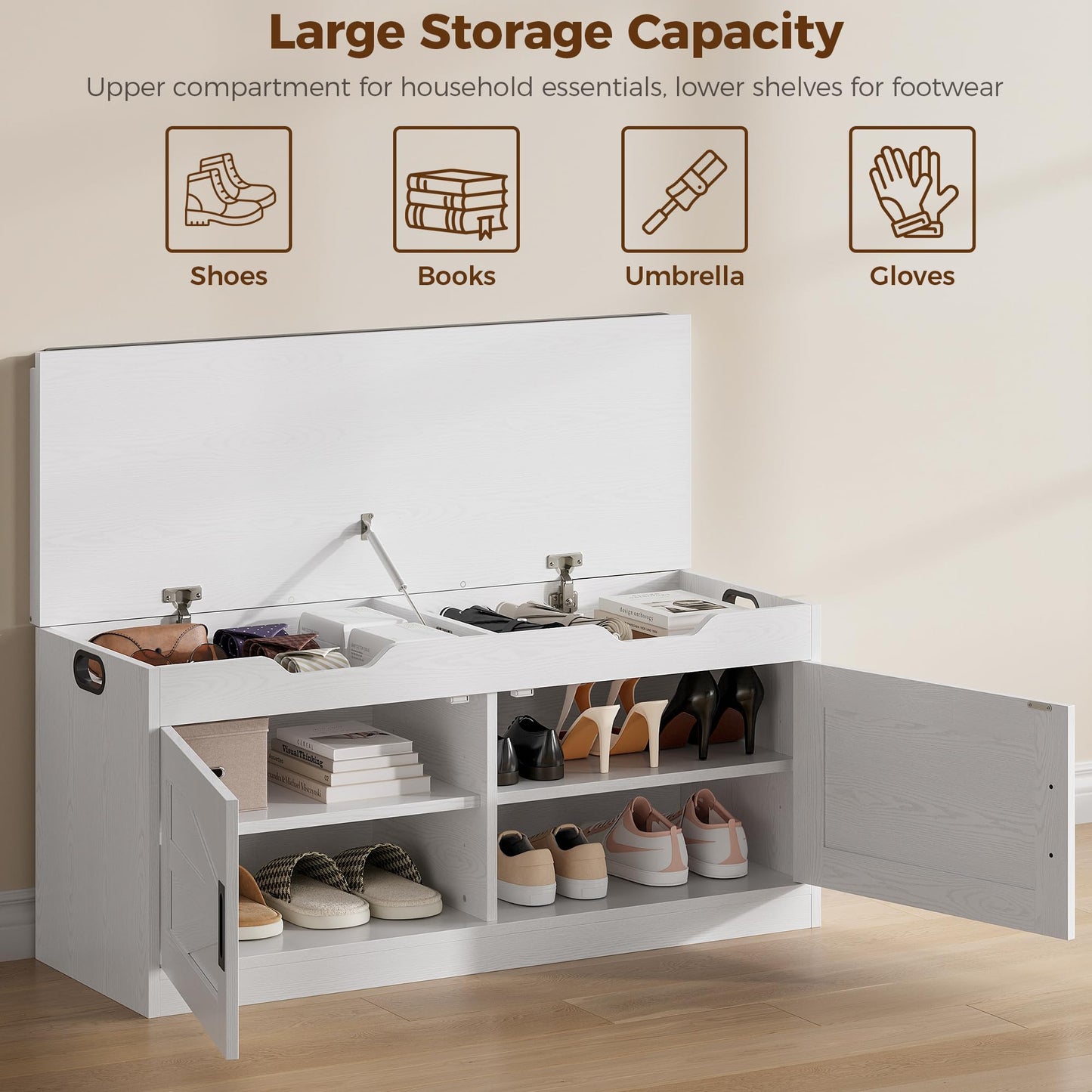 IRONCK Shoe Bench with Lift Top Storage, 42.4" Entryway Bench with Wider Cushioned Seat, End of Bed Bench with Adjustable Shelf & 2 Doors for Hallway, Bedroom, White