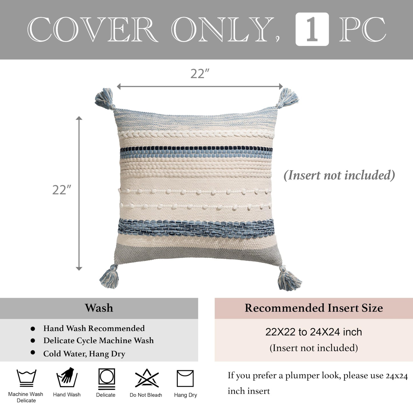 BlissBlush Coastal Blue Boho Decorative Throw Pillow Cover 22x22 Modern Bohemian Accent Pillow Case Square Woven Textured Farmhouse Pillows for Couch Bed (Pack of 1)