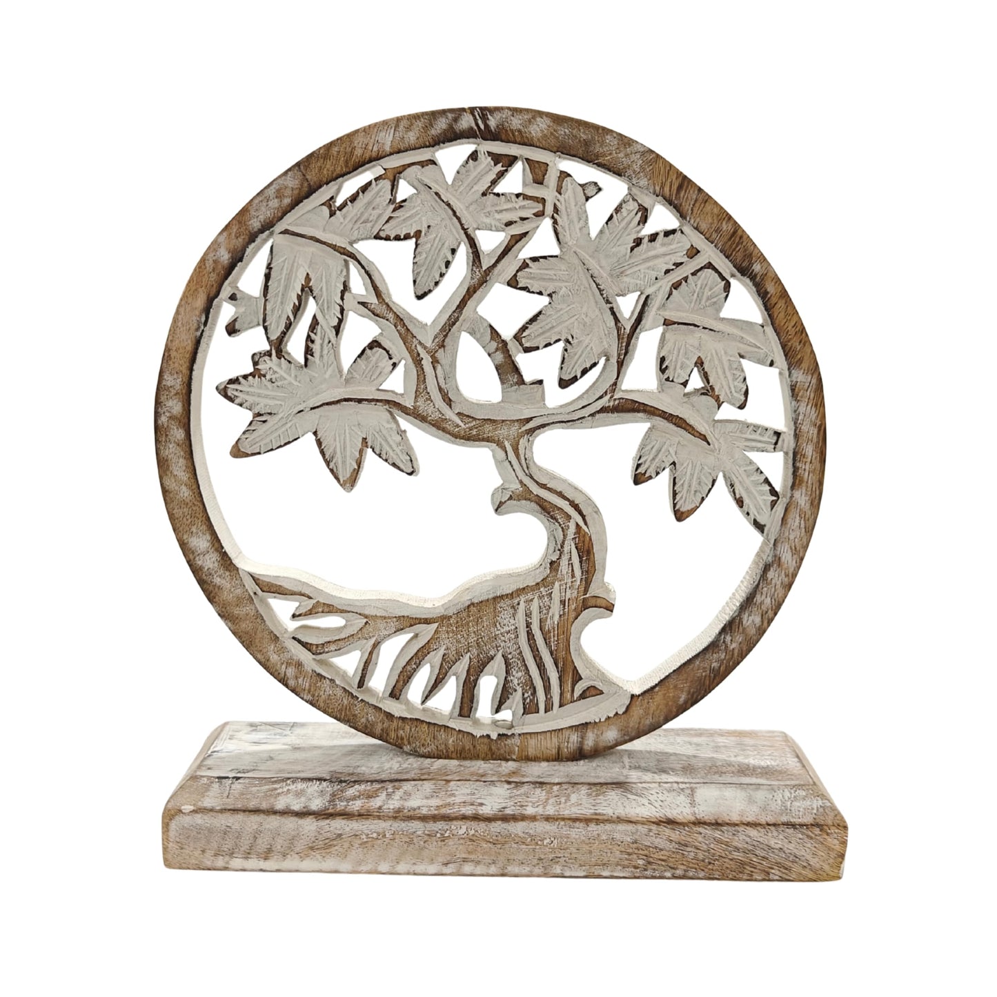 VANIYA CRAFTS® Handmade Wooden Tree of Life Statue – Carved Home Decor Sculpture for Living Room, Bedroom, Office & Table Display | Unique Gift (Antique White)