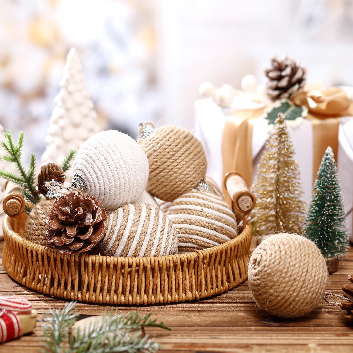 Syhood 9 Pcs 2.36 Inch Christmas Ball Ornaments Boho Farmhouse Jute Rope Hanging Balls Burlap Neutral Rustic Ornaments for Xmas Tree Holiday Wreath Garland Wedding Home(Linen, Cream White)