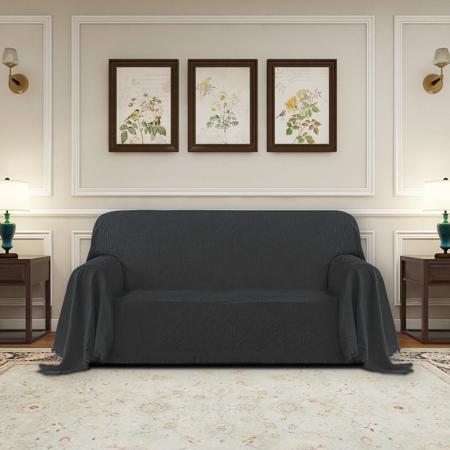 PureFit Geometric Jacquard Throw Sofa Cover - Textured Soft Washable Decorative Couch Covers for 3 Cushion Couch, Throw Cover with Tassels Furniture Protector for Pets, Kids (Medium, Dark Gray)