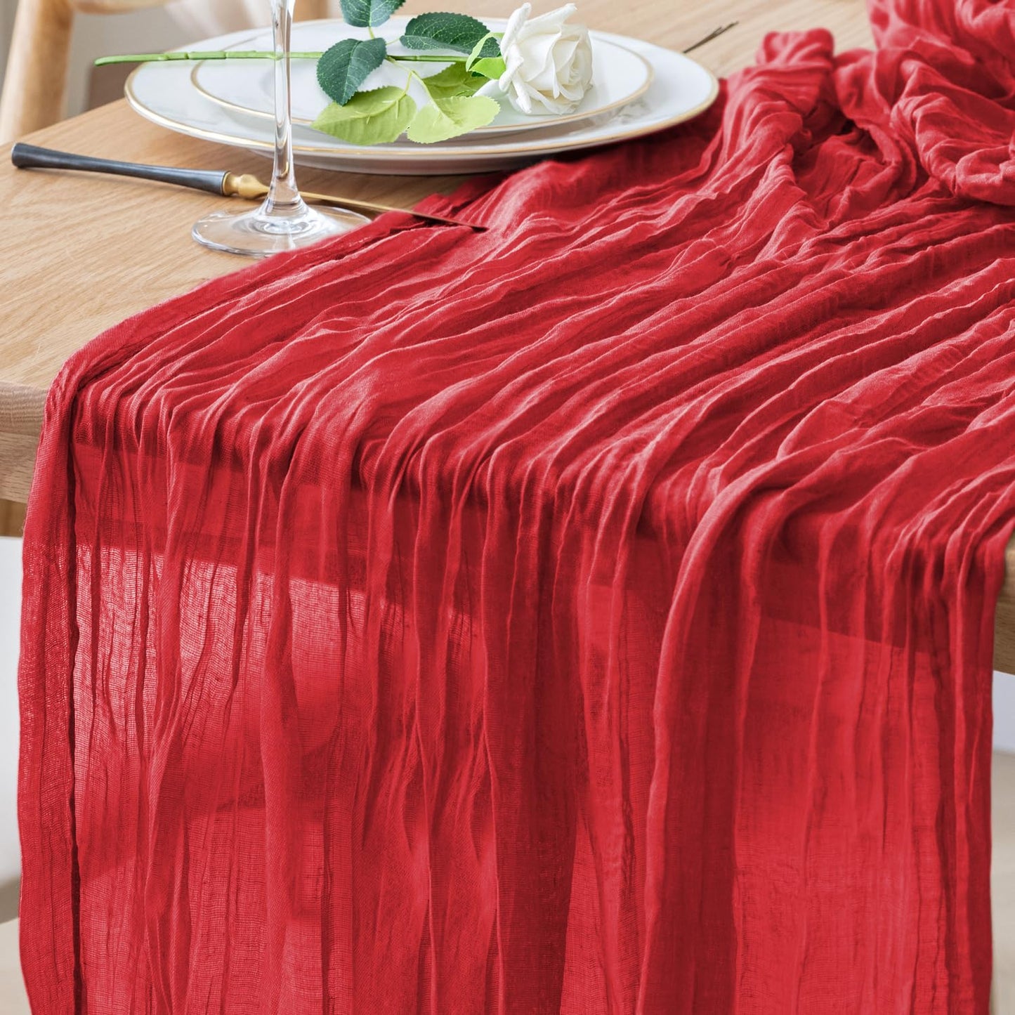 Xiomot Table Runner Cheesecloth 10FT Red Boho Gauze Cheese Cloth Rustic Sheer Table Runners for Wedding Birthday Bridal Baby Shower Party Decoration