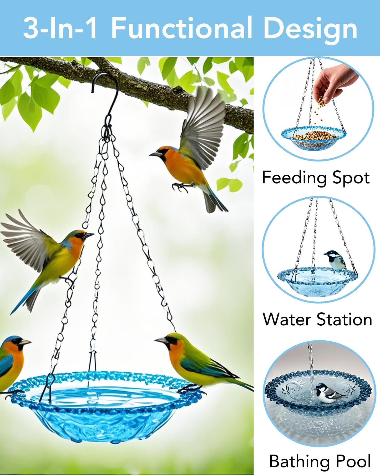 Aiqriwv 2 Pack Hanging Bird Baths and Feeders for Outdoors, Plastic Bird Bath Bowl & Hanging Feeder for Garden Yard Decor,Nature Blue