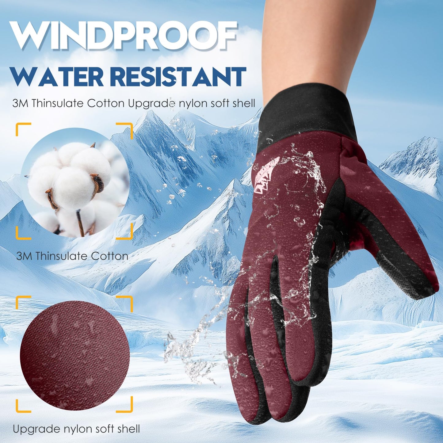 Bruvoalon Winter Gloves for Women & Men, 3M Thermal Insulation, Lycra Fabric, Touchscreen, Anti-Slip, Burgundy, L