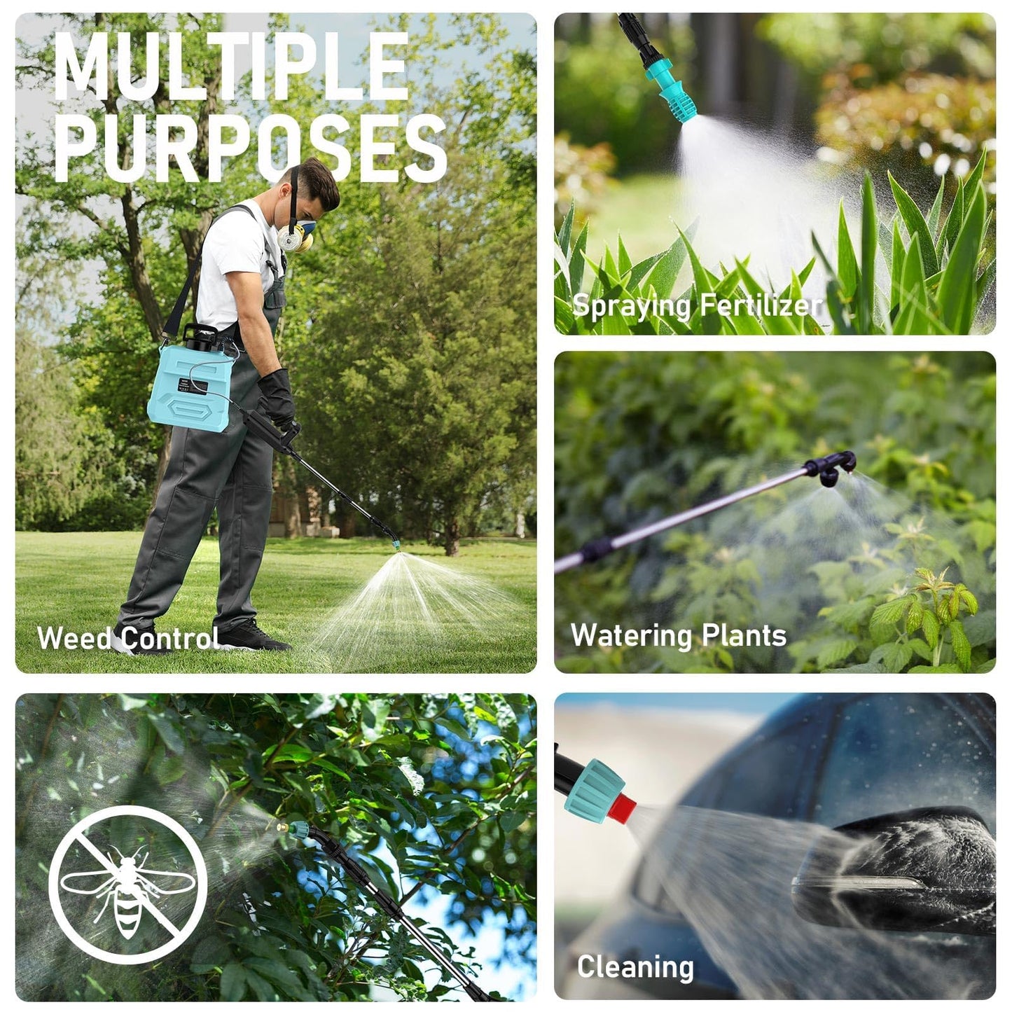 VASG Battery Powered Garden Sprayer 2 Gallon, 7.4V Powerful Electric Pump Sprayer, Weed Sprayer with USB Rechargeable Handle, 5 Mist Nozzles, Retractable Wand, Adjustable Strap for Lawn, Garden, Yard