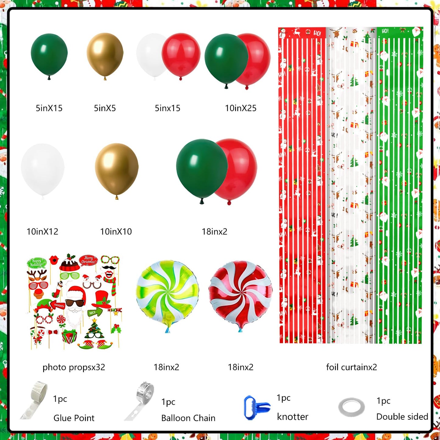 MEHOFOND 164pcs Merry Christmas Party Decorations Set, Christmas Foil Fringe Curtains, Red Green Gold Balloons Arch Garland Favors for Kids Adults Friends Ugly Sweater Party Props for Photo Supplies