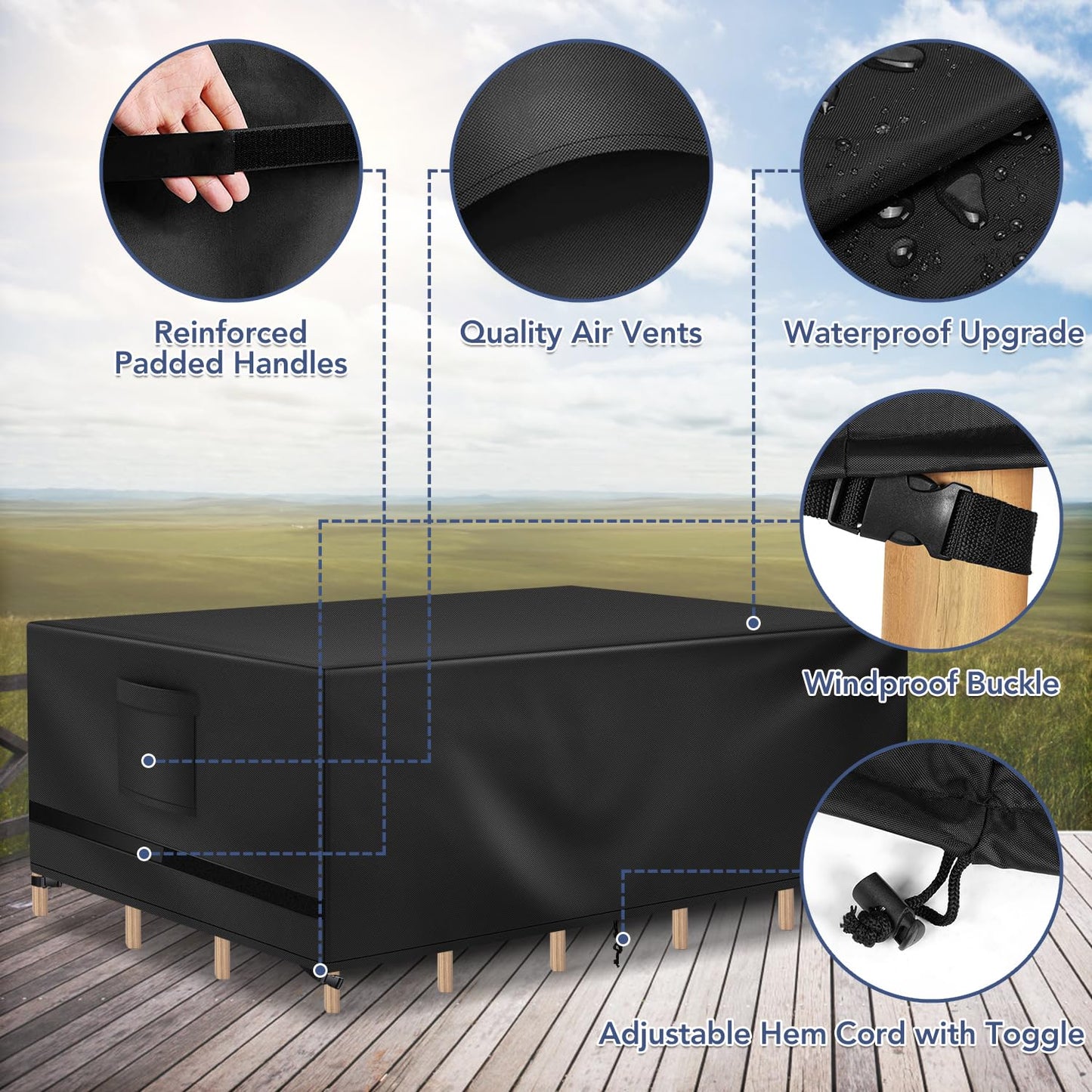 Richwon Patio Furniture Cover, Waterproof Rectangle Outdoor Table Cover, Heavy Duty Sectional Set Protection 108"L x 82"W x 28"H, Black