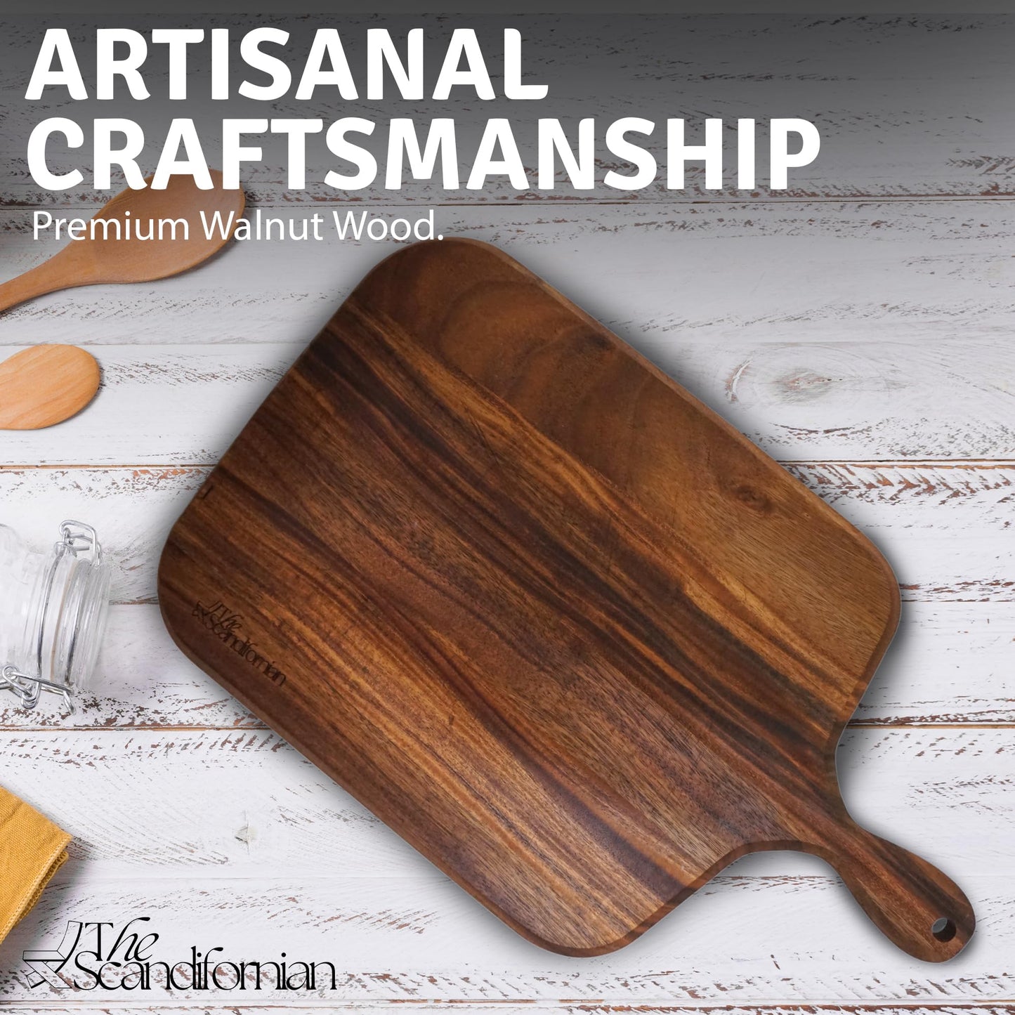 The Scandifornian Walnut Wood Cutting Board | Jumbo Extra Large Size 26" x 16", Paddle Shape with Handle | Premium Elegant Handcrafted | Perfect for Entertaining