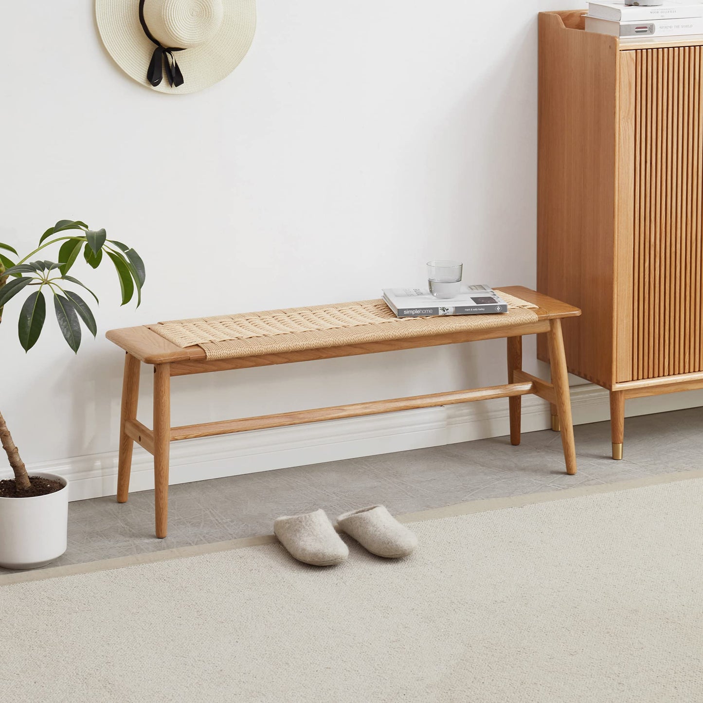 HomSof Woven Design Natural Oak Wood Bed Bench for Dining Room, Brown 31.5" 1