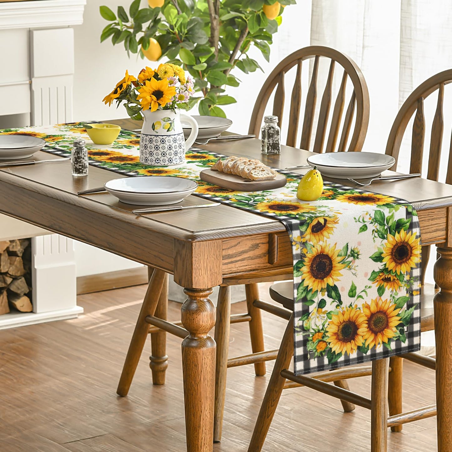 Artoid Mode Buffalo Plaid Sunflower Table Runner, Summer Fall Seasonal Kitchen Dining Table Decoration for Indoor Outdoor Home Party Decor 13 x 72 Inch