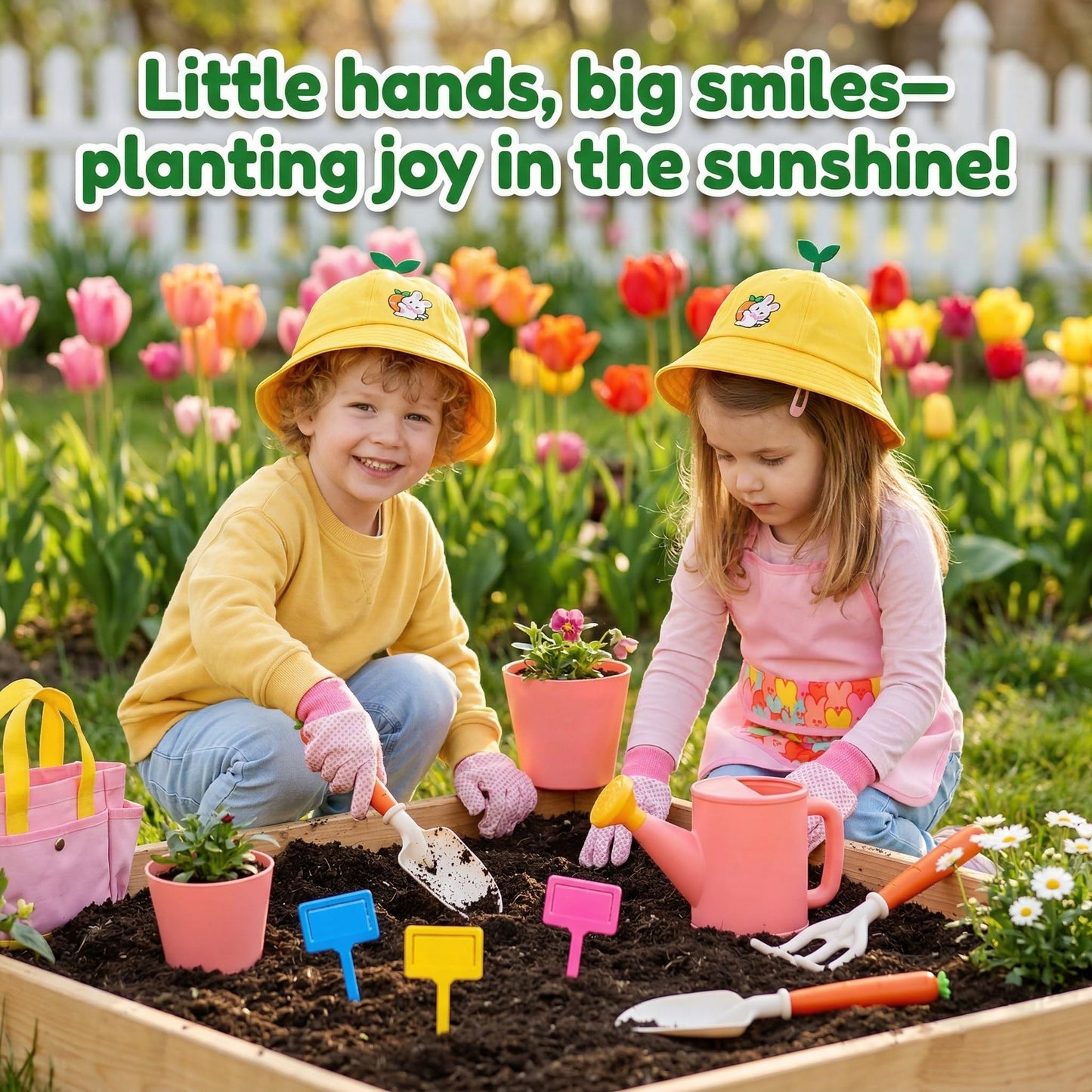 Kids Gardening Outdoor Tools Set with Adorable Sun Protective Hat & Bunny Apron, Carrot-Shaped Shovel Rake Trowel, Garden Kit for Toddlers Ages 3-8, Spring Birthday Gift