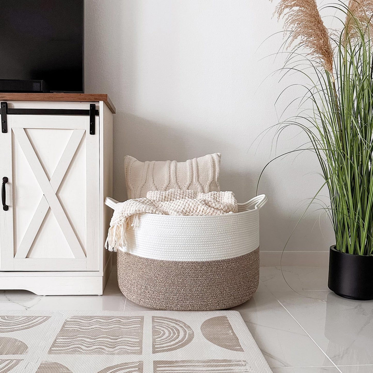 INDRESSME XXXLarge Blanket Basket for Living Room 21.7" x 21.7" x 13.8"-Storage Basket with Handle for Organizing Toy Pillows Woven Cotton Rope Laundry Basket Stuffed Animal Toy Storage for Play Room