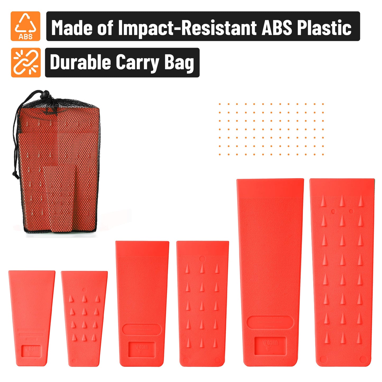 UNCO- Tree Felling Wedges with Spikes, 6 pcs, 5.5", 8" & 10", Orange Wedges with Storage Bag, Splitting Wedge, Plastic Wedges for Tree Cutting, Logging Tools and Equipment, Chainsaw Wedges for Trees
